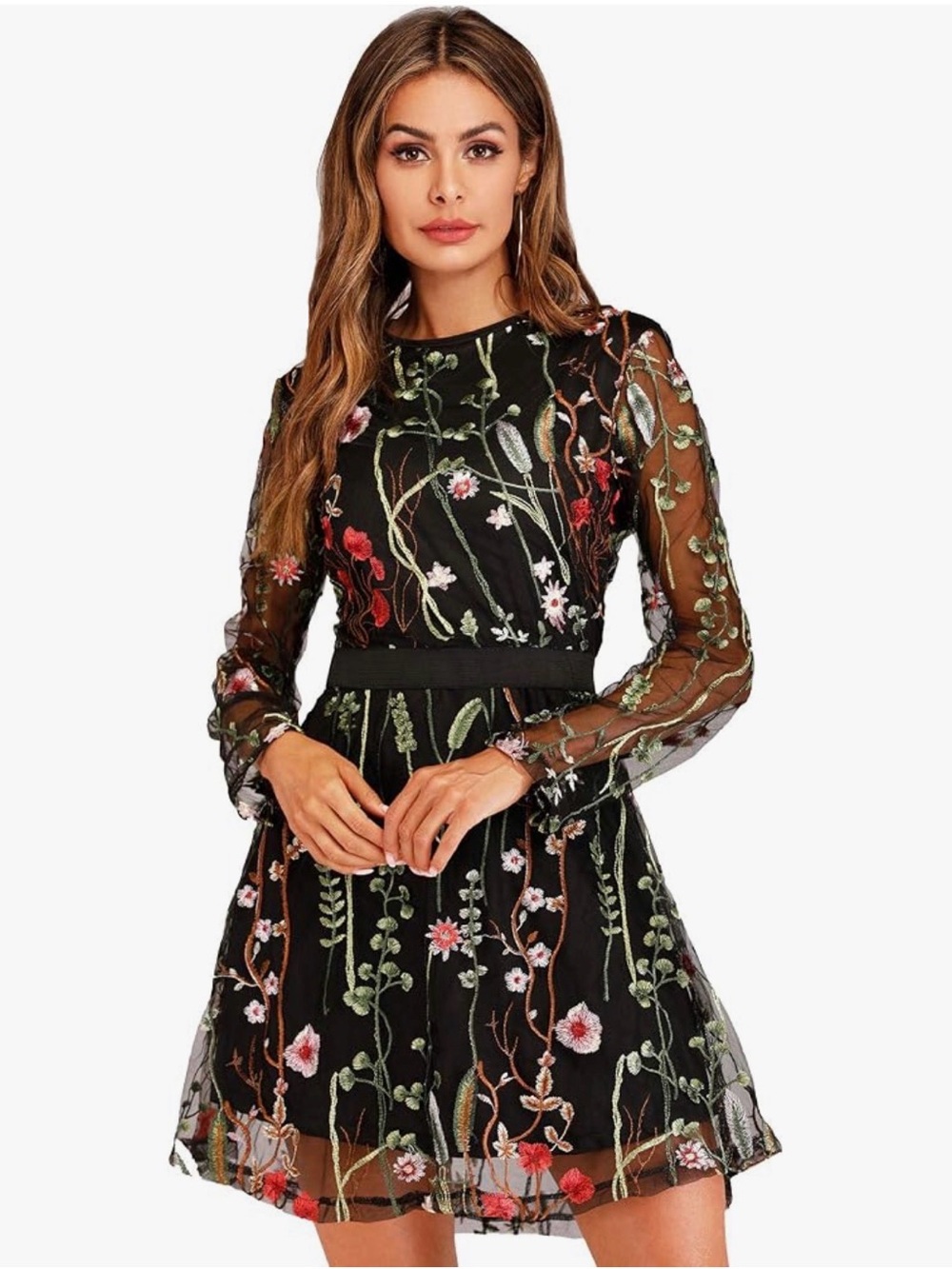 Black Mini Sheath Dress with Bell Sleeves and Crew Neck